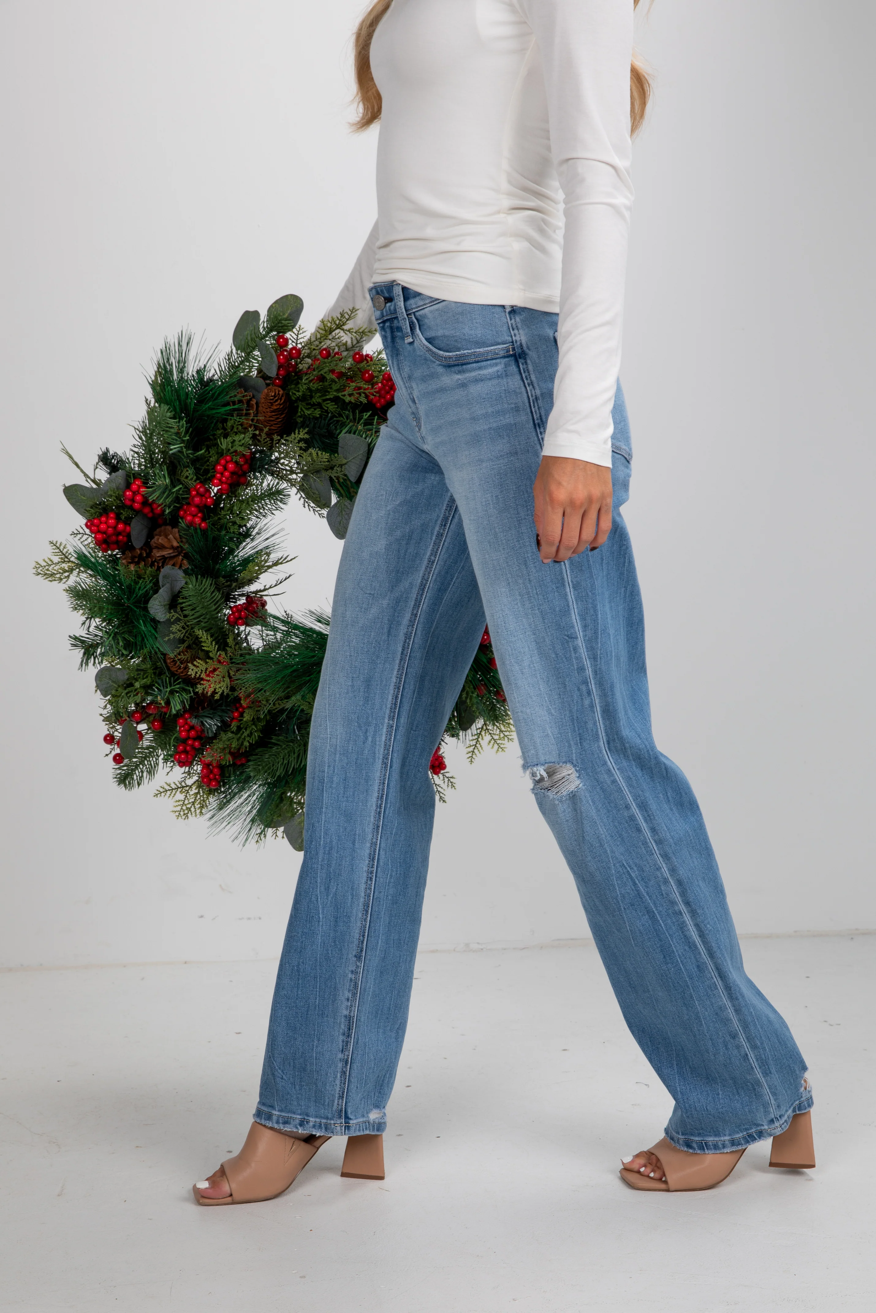 Light Wash High-Rise Distressed Slim Wide Leg Jeans