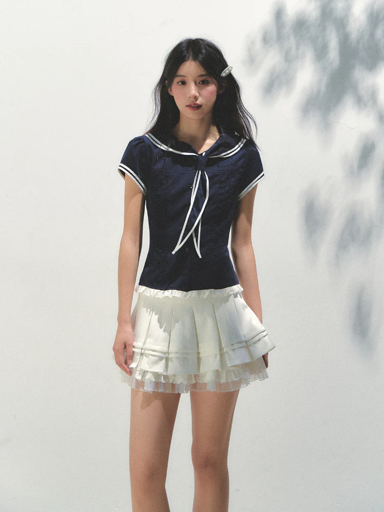 Navy Blue Naval Collar Waist - cinching Shirt