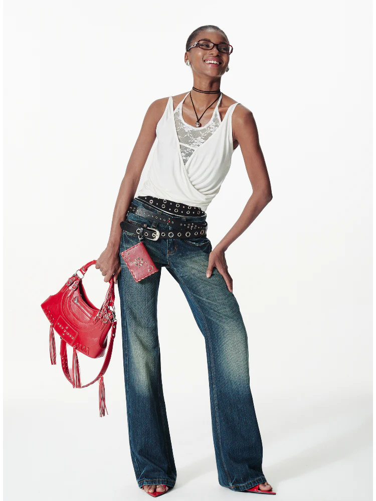 Distressed Washed Contrast Low-Waist Jeans