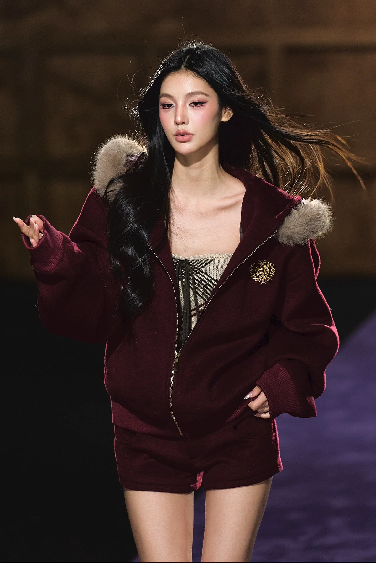 Wool-Blend Faux Fur Hooded Fleece Two-Piece Set