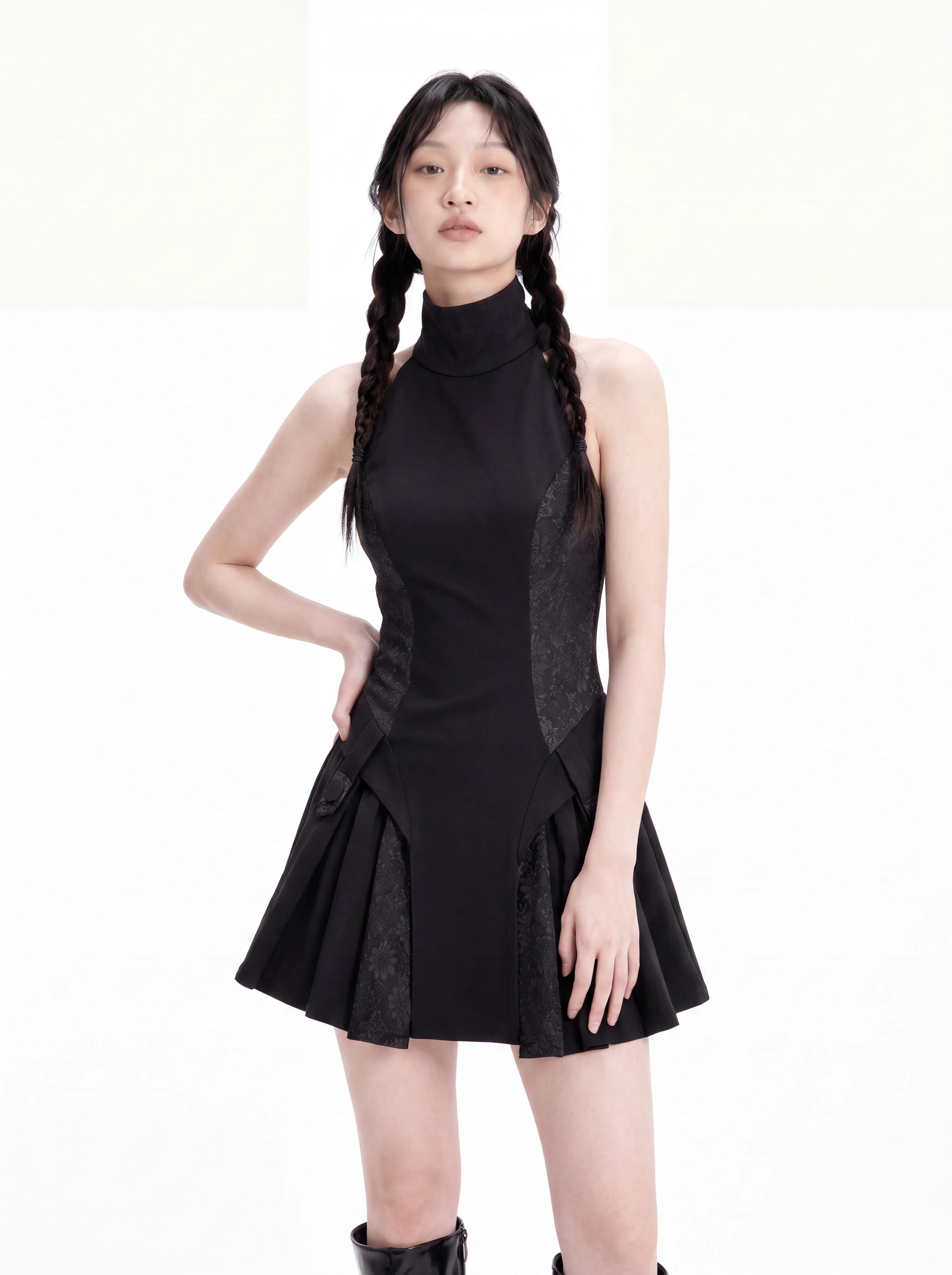 Black High-Neck Halter Mini Dress | Gothic Jacquard Pleated Skirt Dress