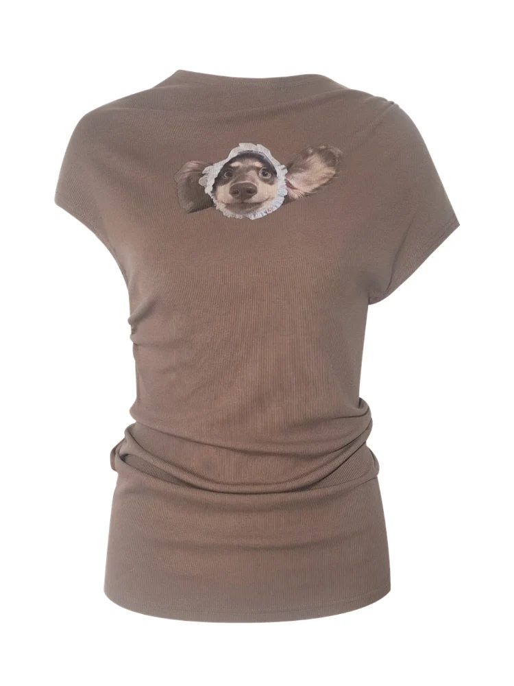 Elastic Pleated Crew Neck T-shirt