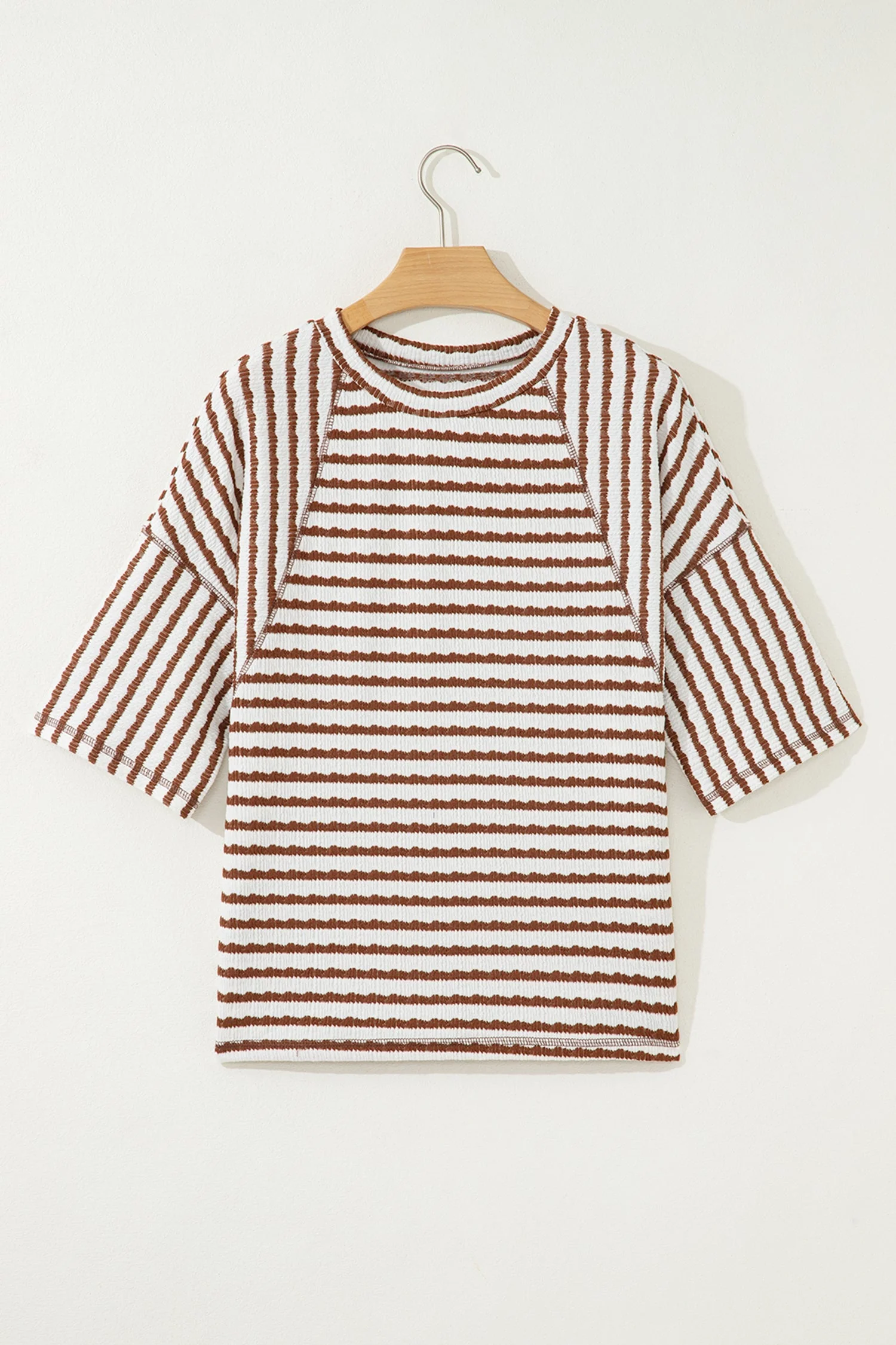Brown Stripe Textured Knit Split Hem Half Sleeve Loose Top