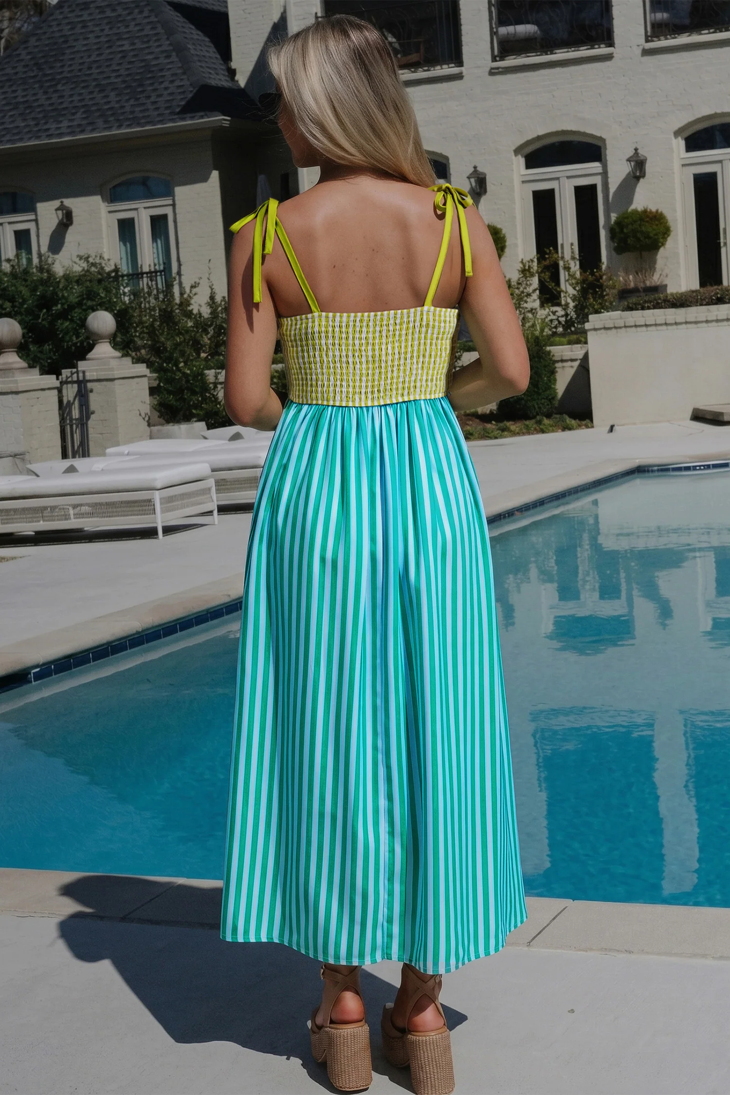 Green Stripe Knot Strap High Waist Maxi Dress
