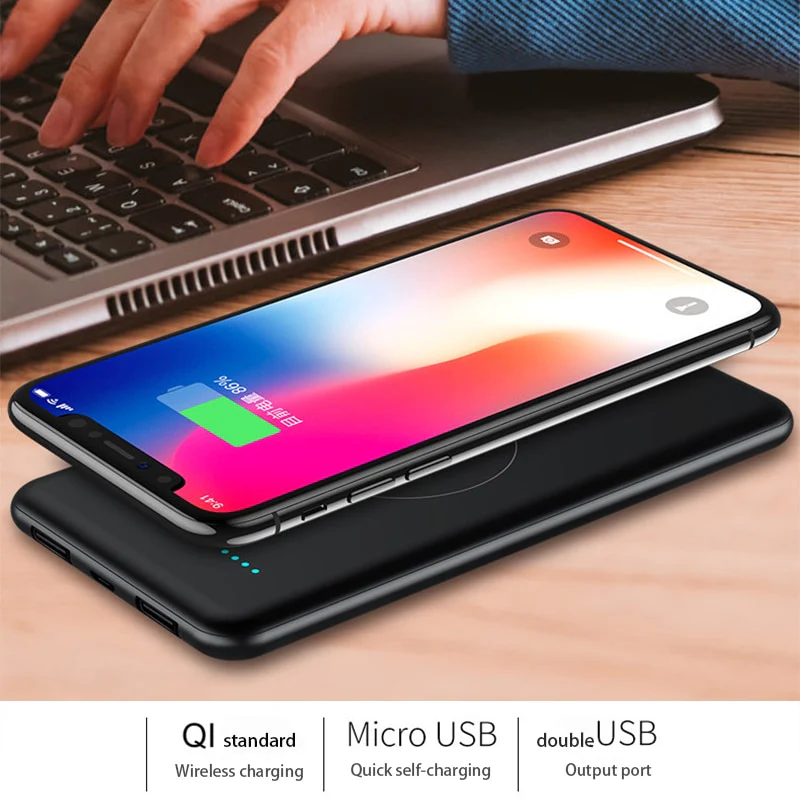 Slim 10000mAh Qi Wireless Charger Power Bank  External Battery