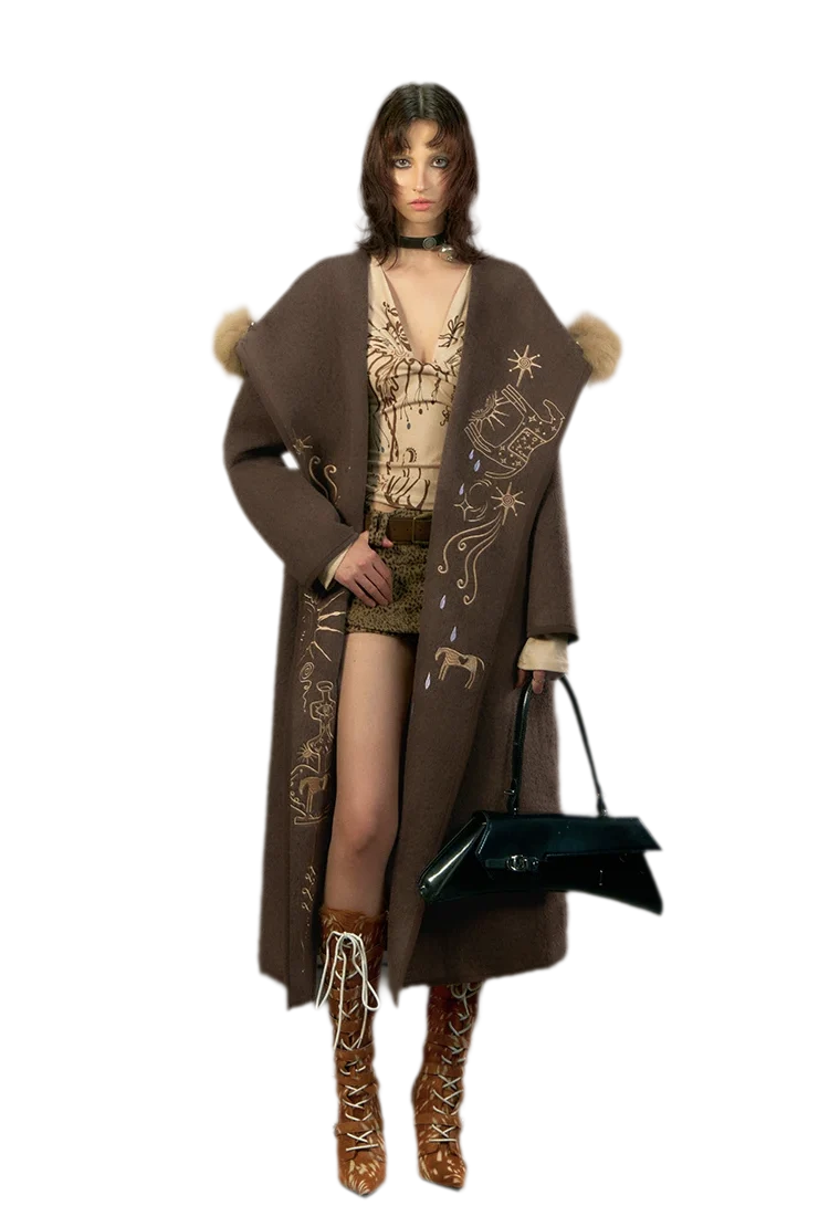 Embroidered Hooded Wool Coat