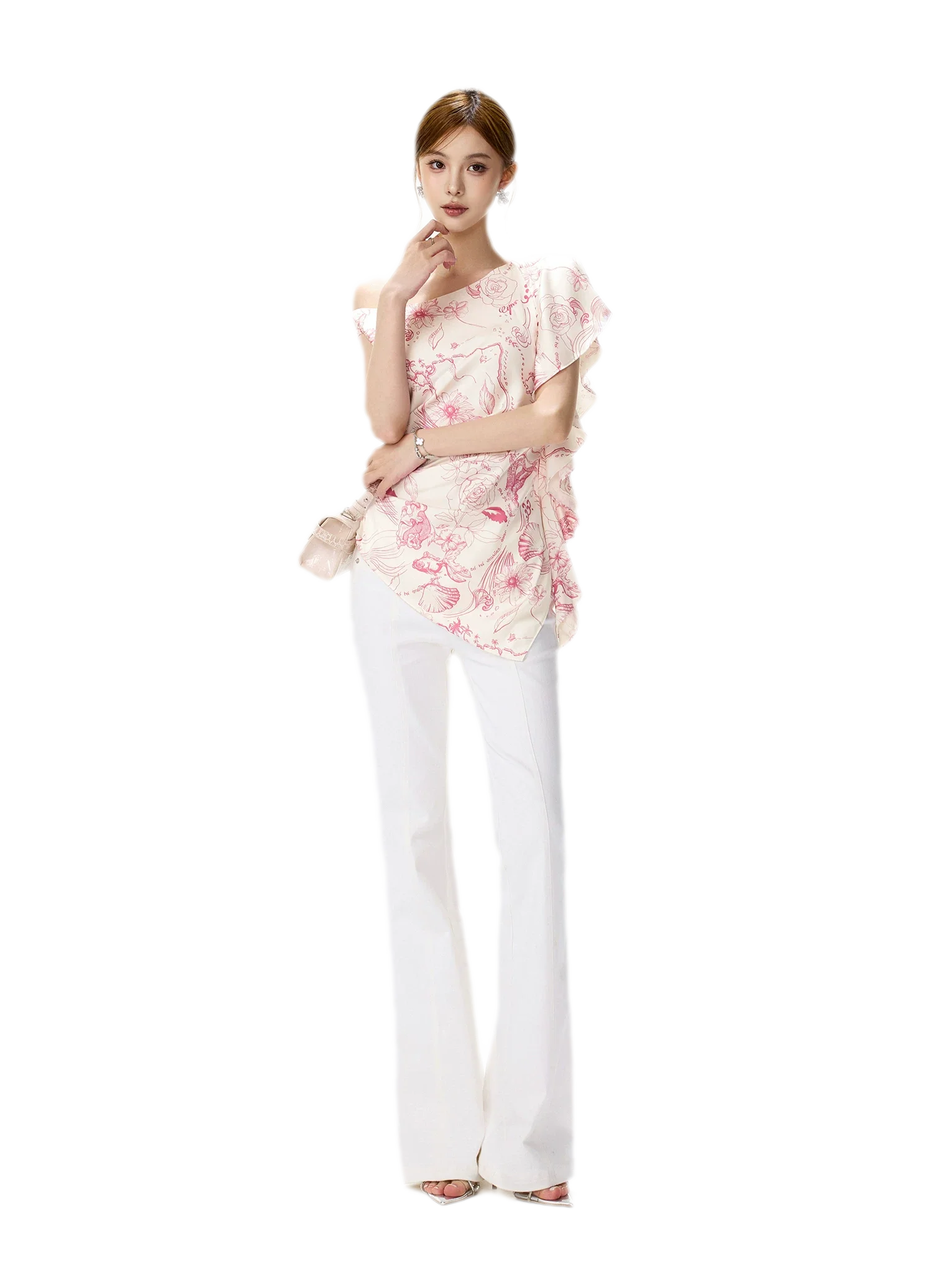 Printed One-Shoulder Ruffle Top