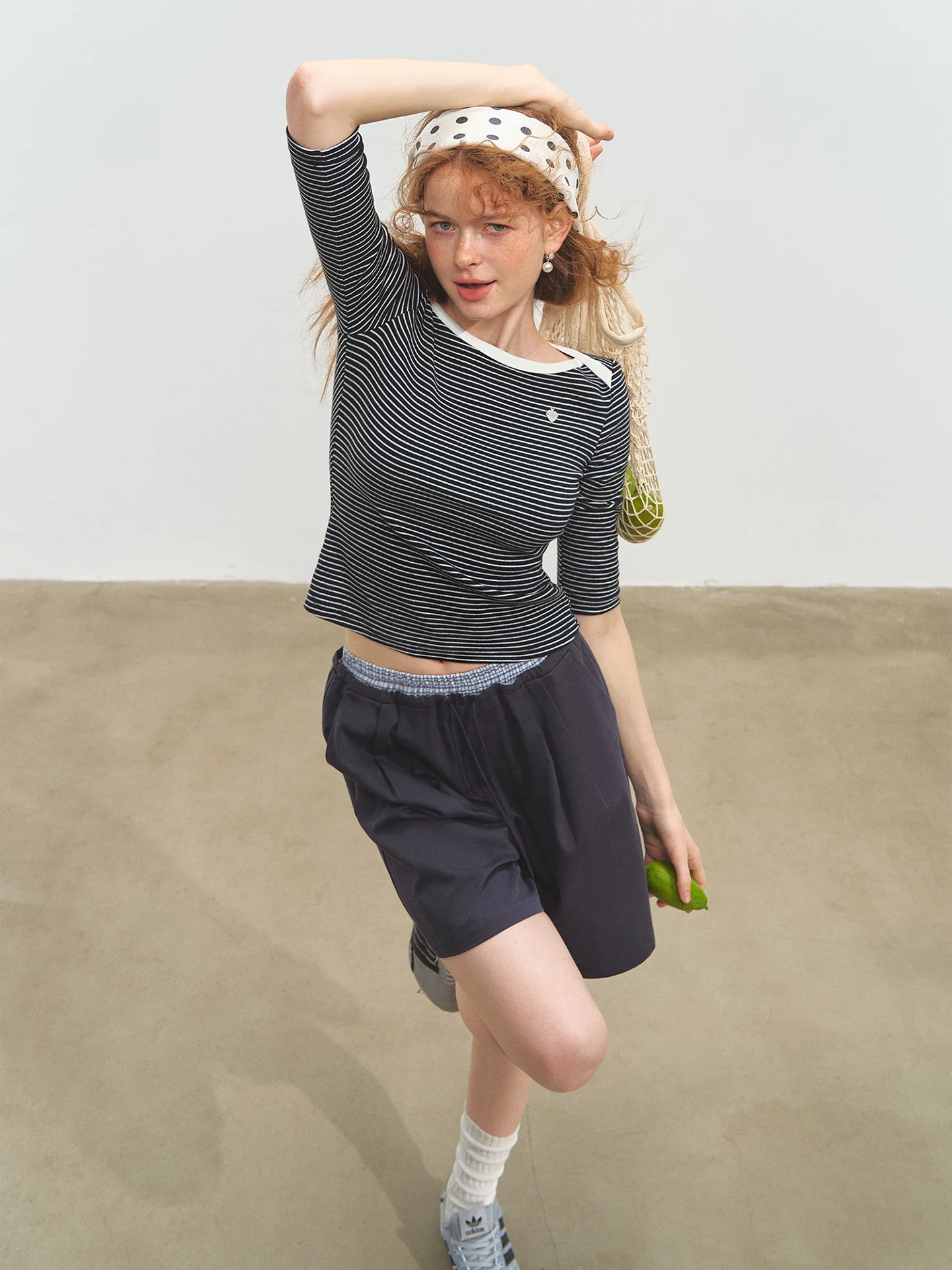 Envelope Neck Mid-sleeve Striped T-Shirt