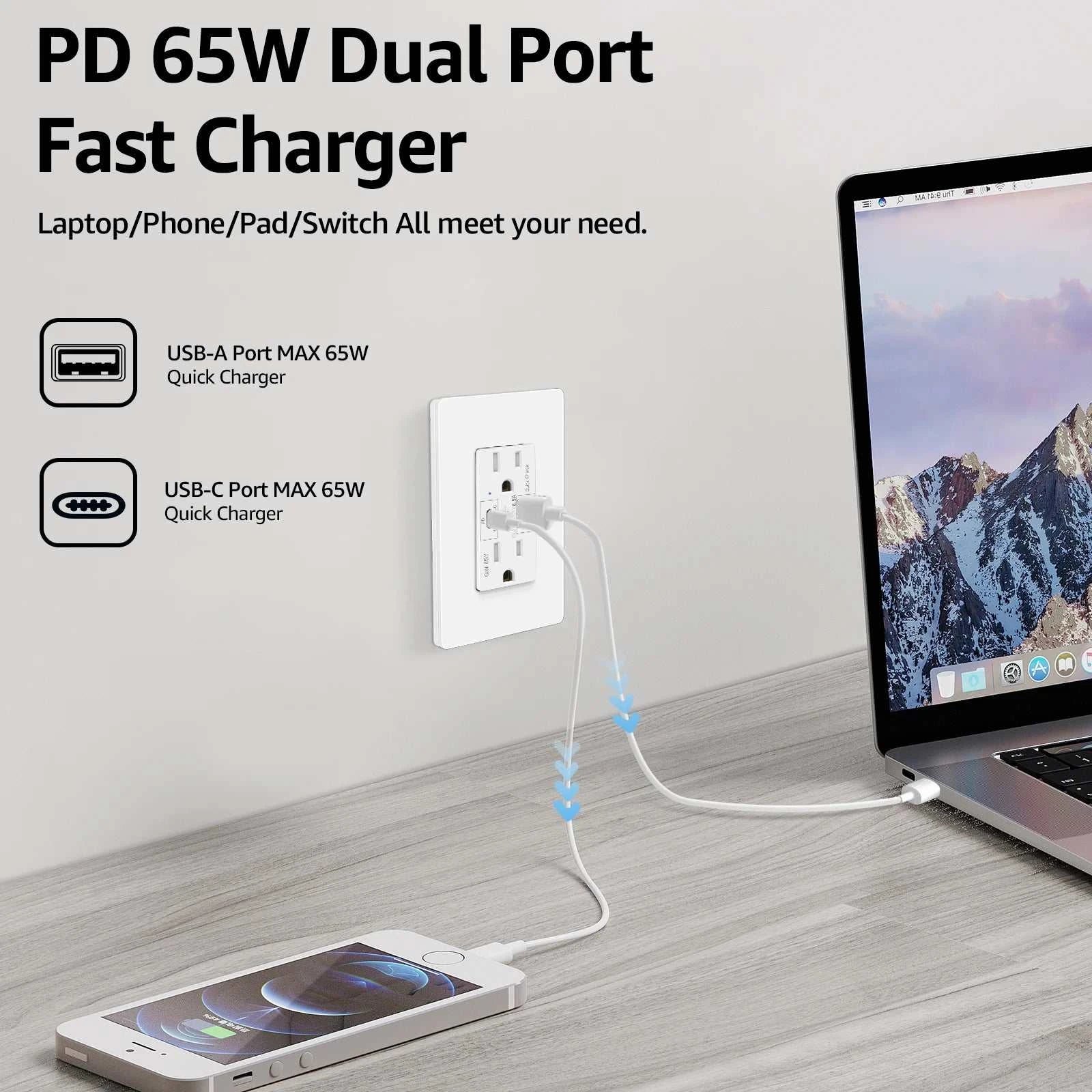 PD 65W USB-C Fast Charging Wall Socket Outlet