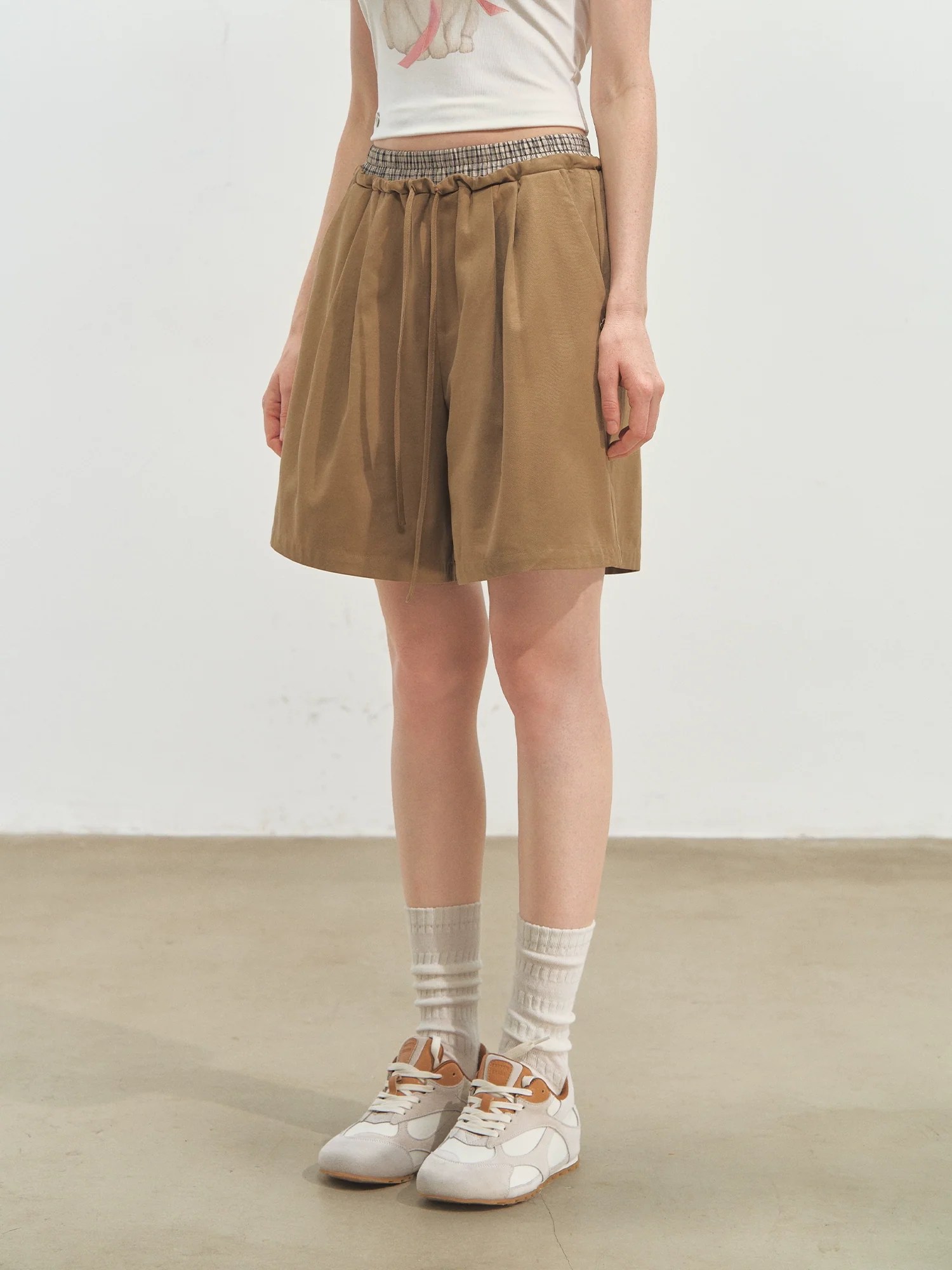 Fake Two-Piece Elastic-Waist Knee-Length Pants