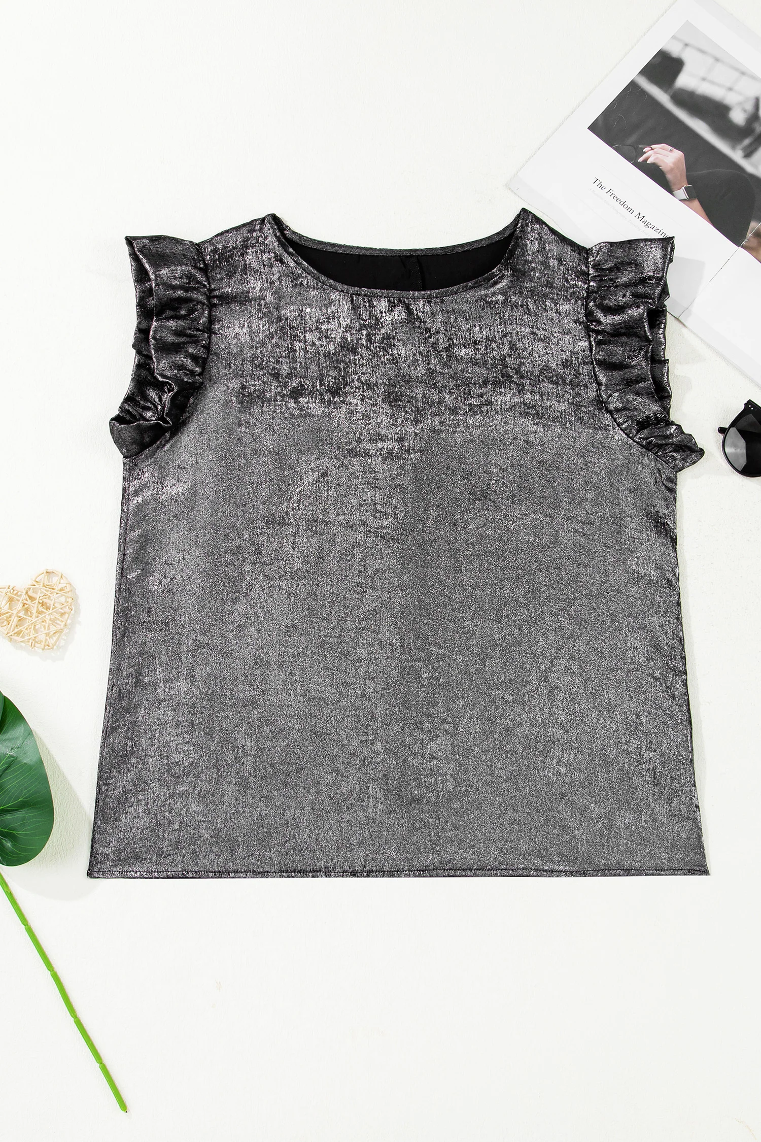 Silvery Metallic Round Neck Ruffle Trim Sleeveless Top