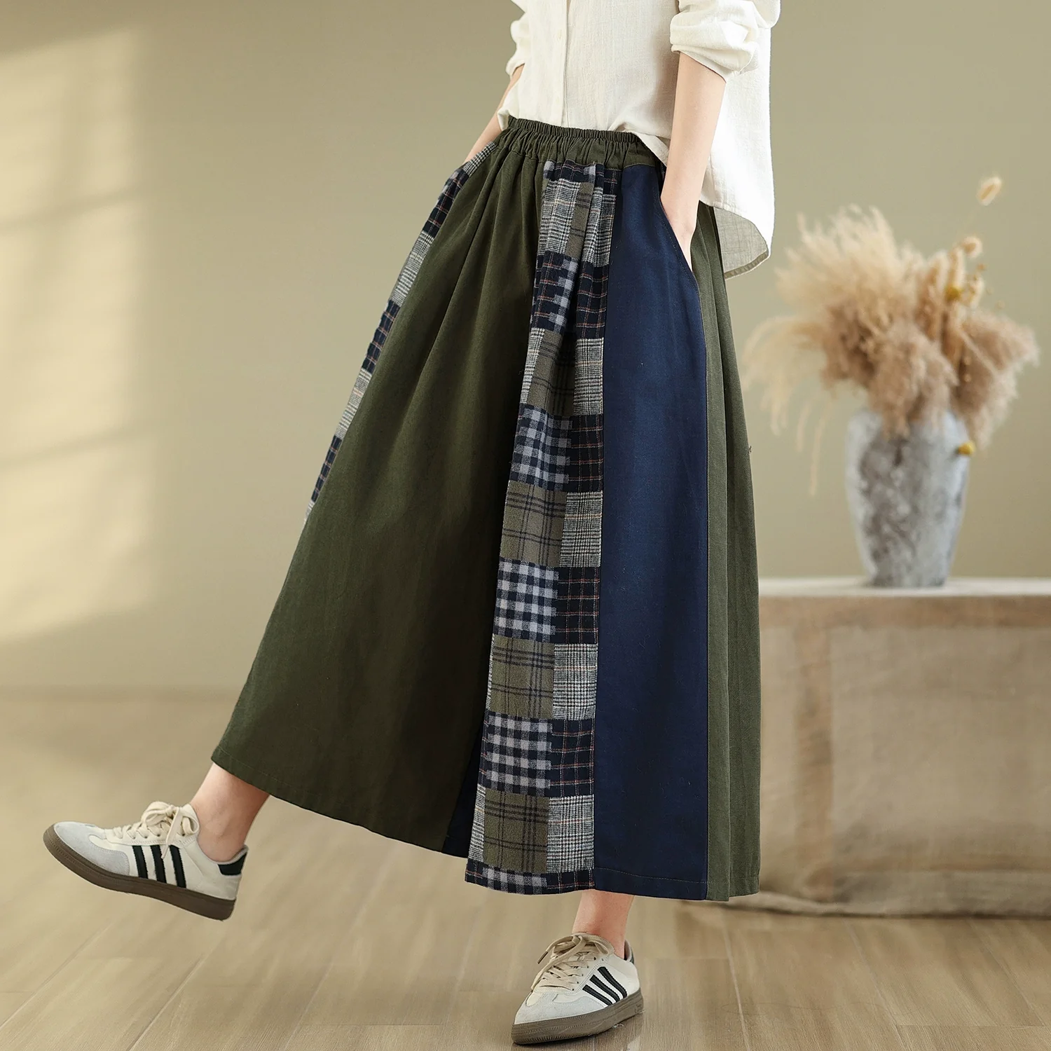 Women Spring Vintage Artistic Cotton Plaid Patchwork Wide-Leg Pants