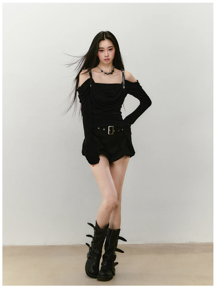 Draped Neck Leather Strap Acetate One-shoulder T-shirt