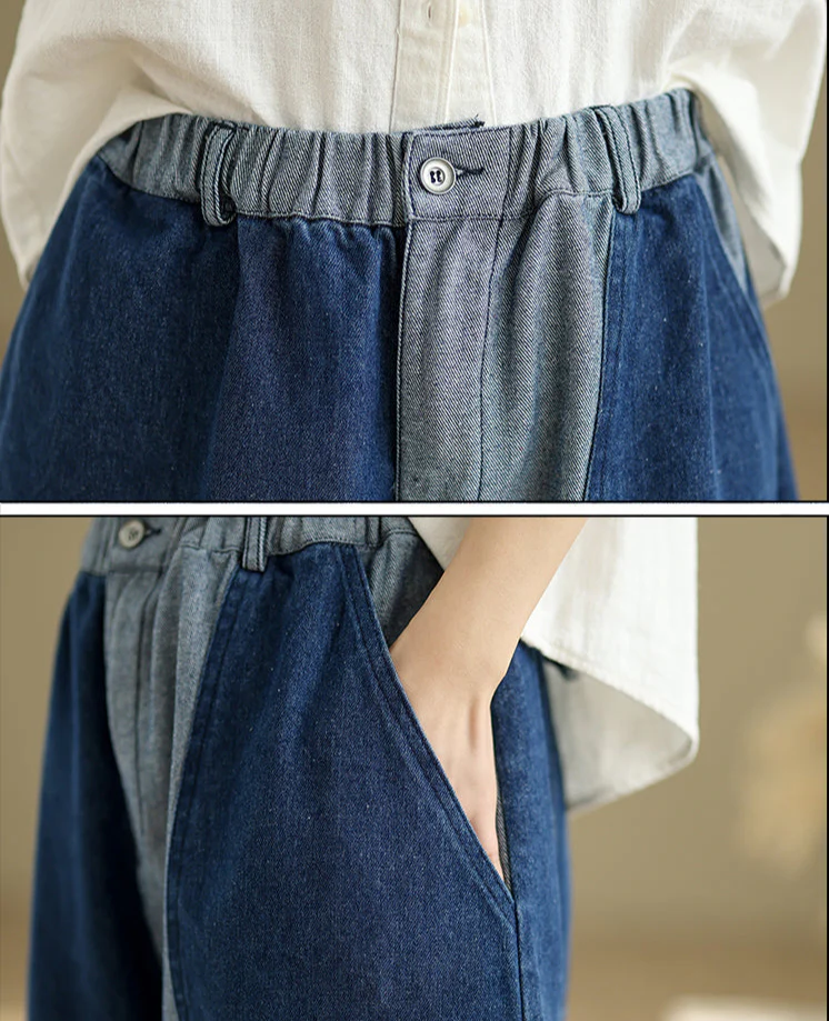 Women Spring Vintage Patchwork Denim Loose Wide-Leg Pants