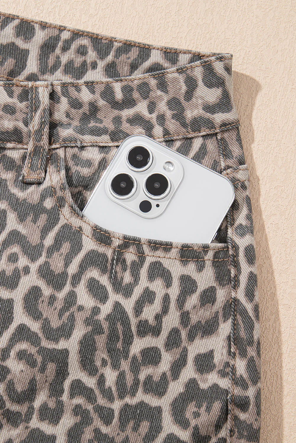 Brown Leopard Frayed Edge Wide Leg High Waist Jeans