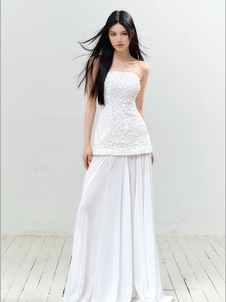 Sequin Mesh Strapless Dress