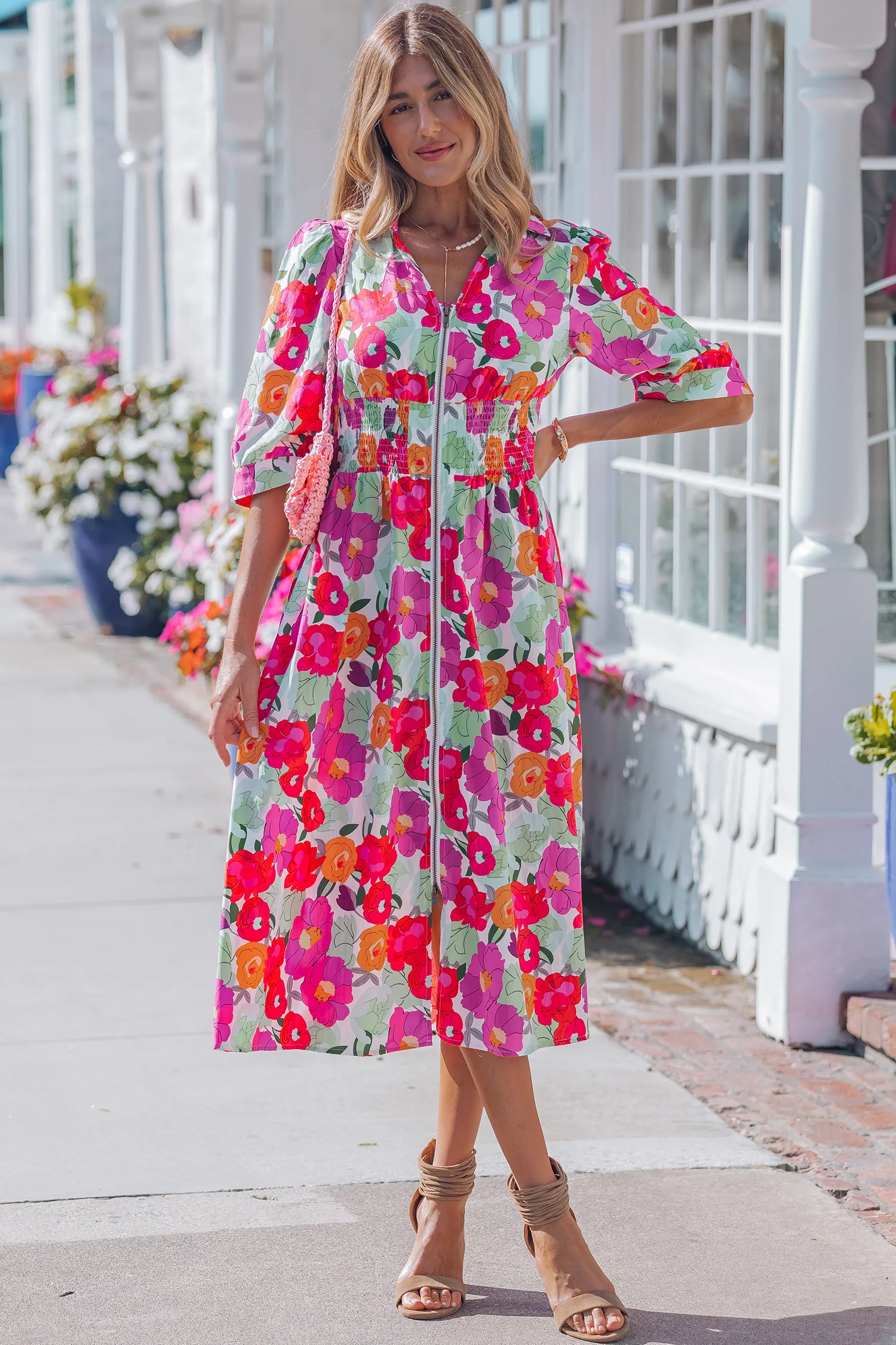 Rose Vibrant Floral Print Zip Up Puffy Half Sleeve Dress