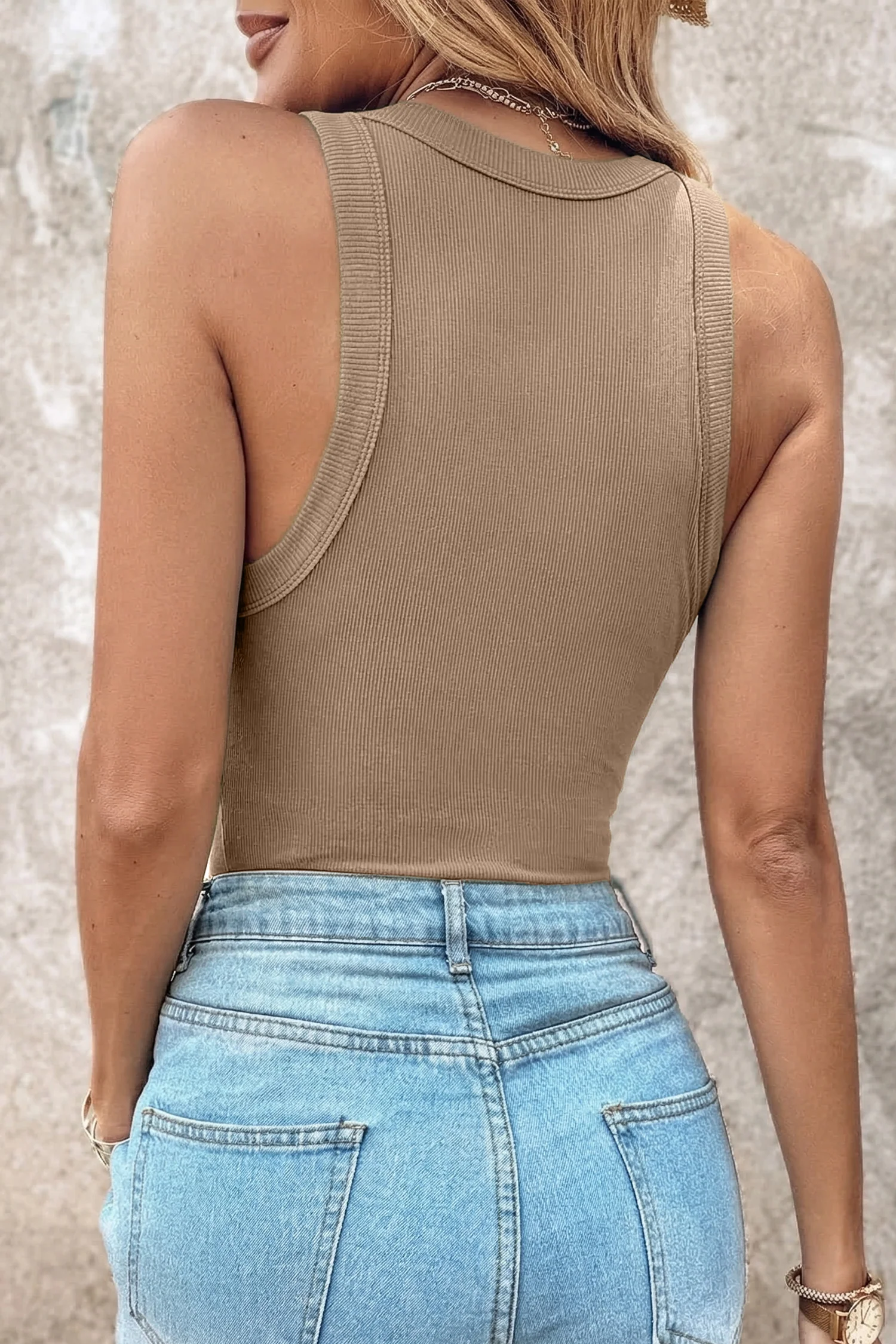 Summer Dark Khaki Slim Ribbed Padded Tank Top