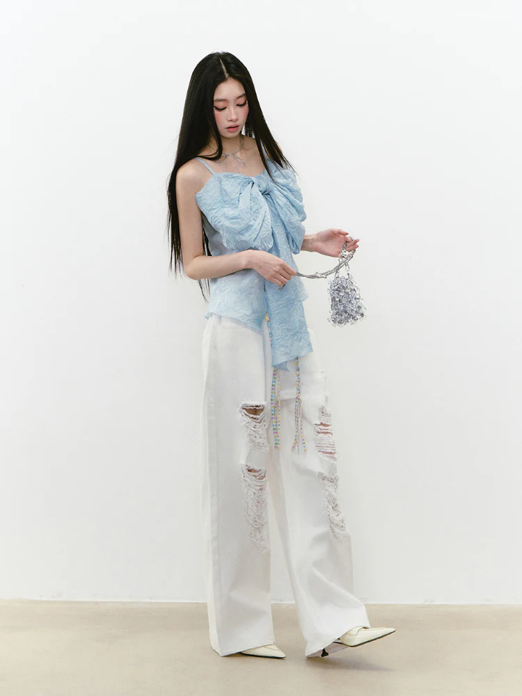 White Rhinestones Ripped Jeans