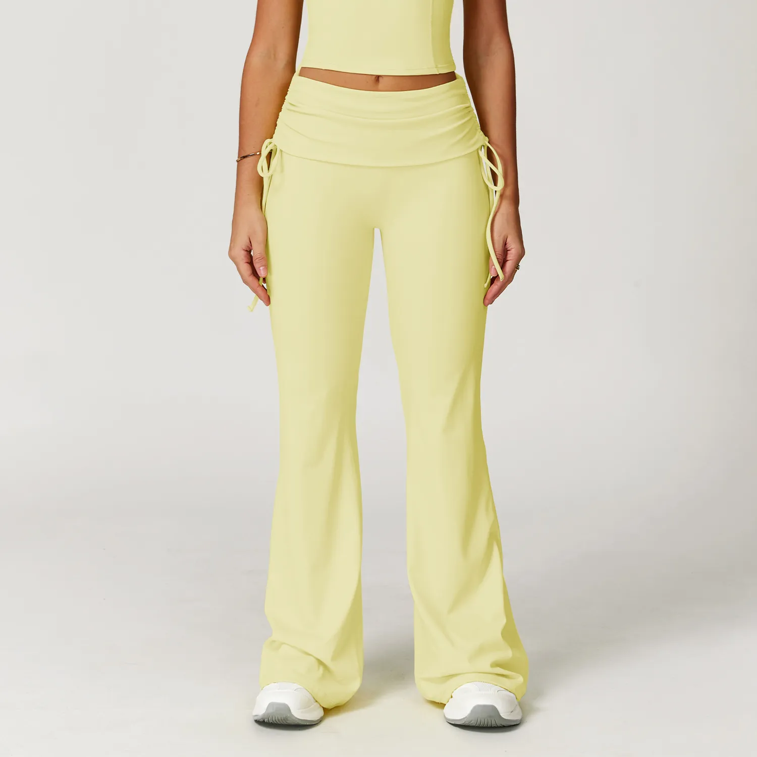 Folded Waist Yoga Flared Pants with Drawstring