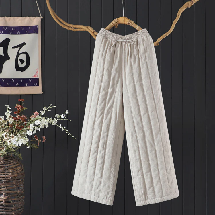 Women Winter Vintage Zen Quilted Cotton-Linen Wide-Leg Pants