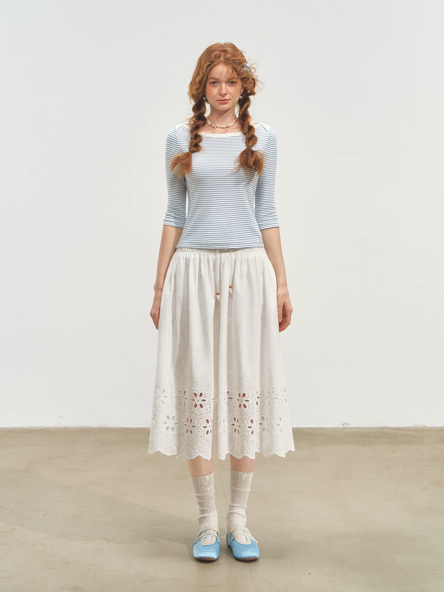 Envelope Neck Mid-sleeve Striped T-Shirt