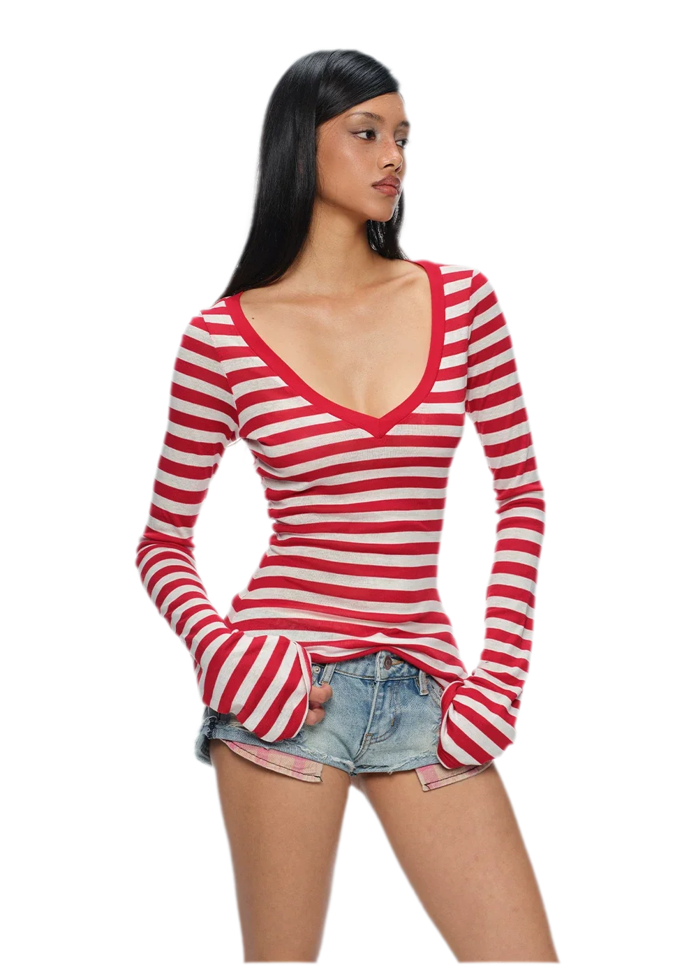 Wool V-Neck Striped T-Shirt