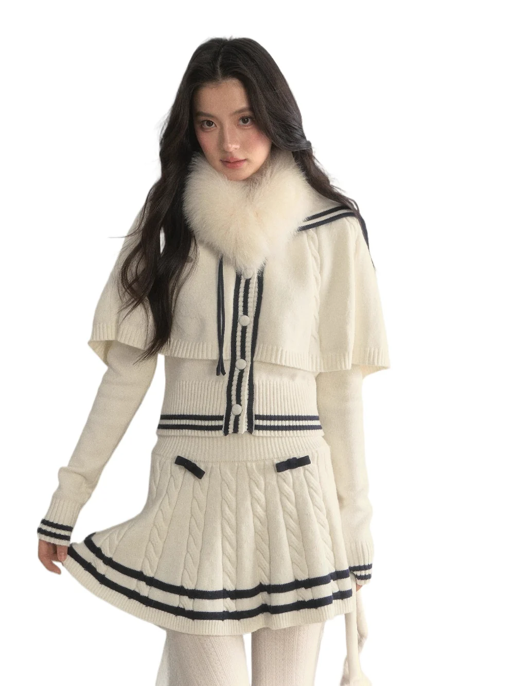 Nautical Cable-Knit Vintage Cape & Skirt Set