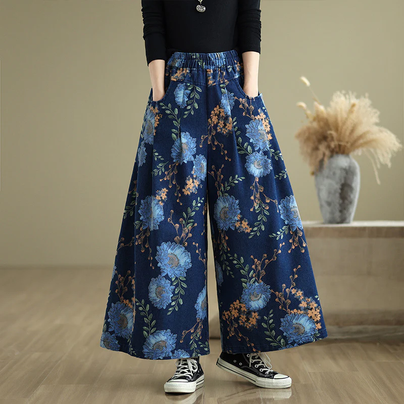 Women Spring Vintage Denim Printed Floral Wide-Leg Pants