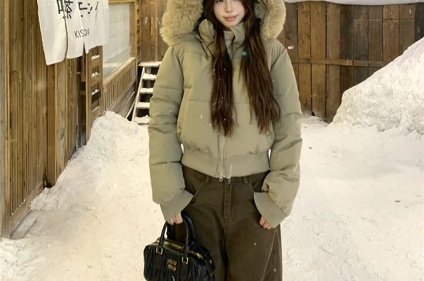 Furry Trim Padded Zip-Up Jacket