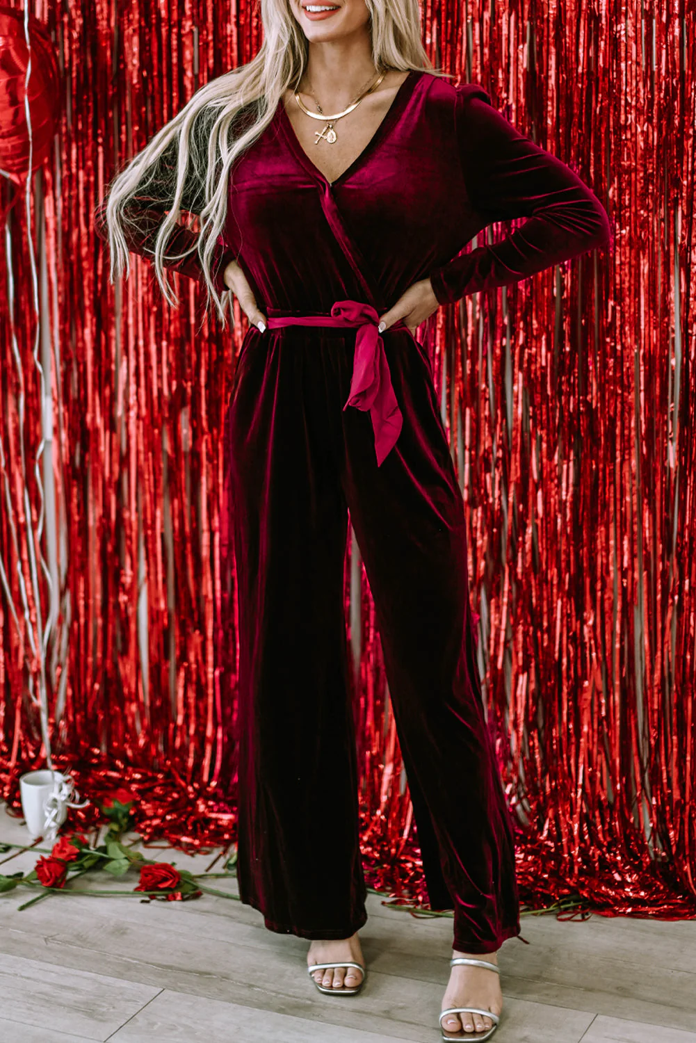 Velvet Cut out Back Wide Leg Jumpsuit
