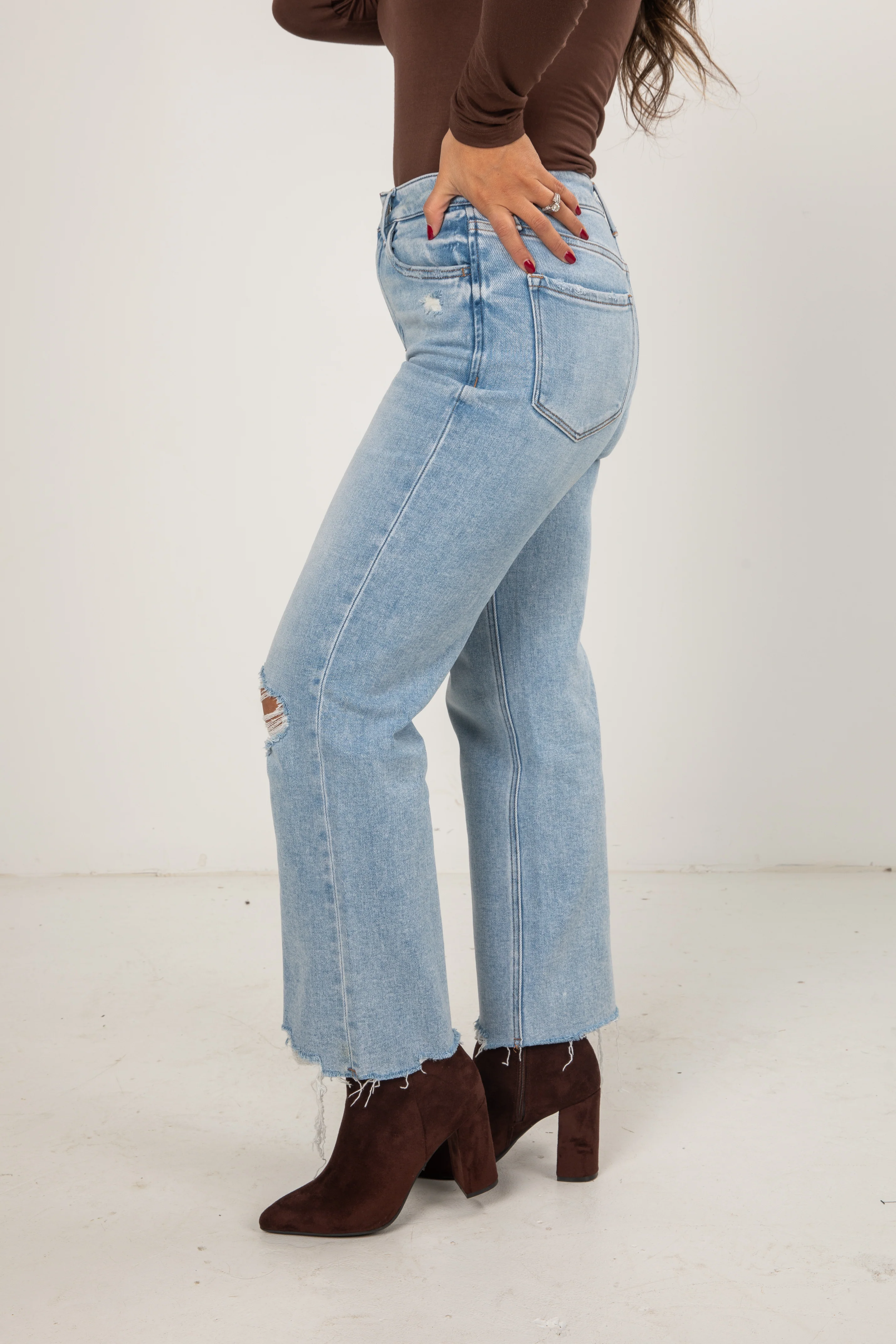 Light Wash High-Rise Distressed Slim Wide Leg Jeans