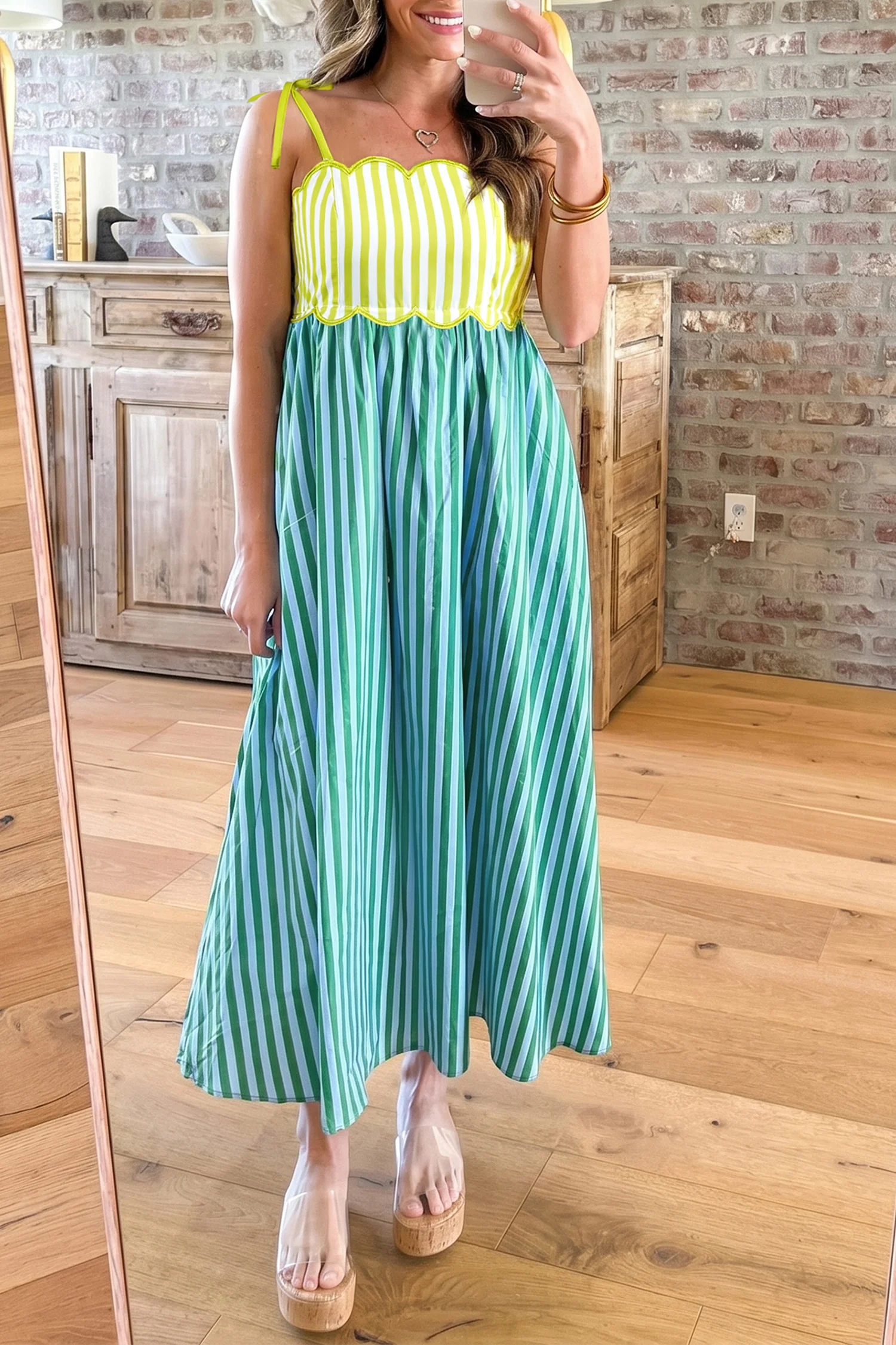Green Stripe Knot Strap High Waist Maxi Dress