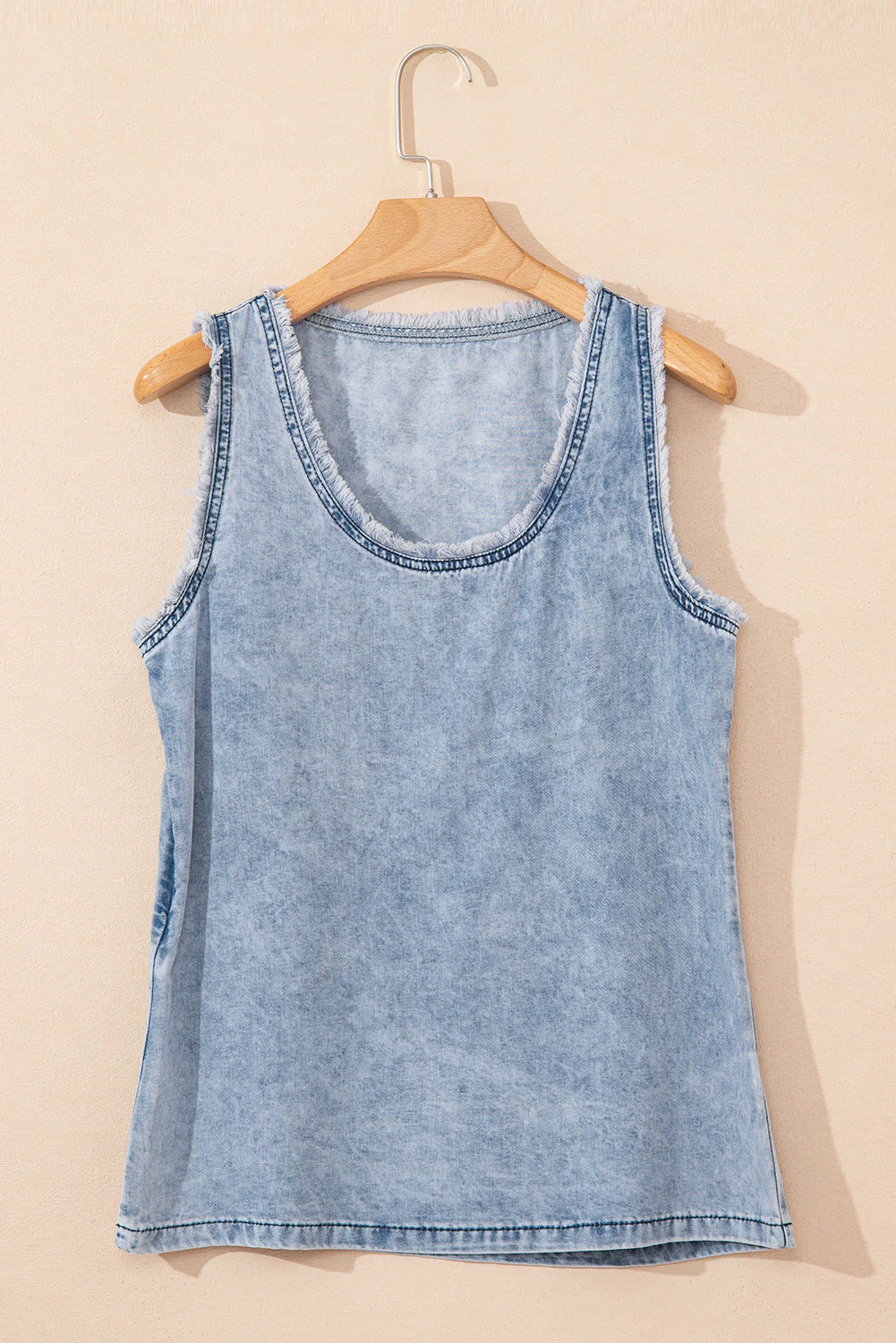 Mineral Wash Denim Frayed U Neck Sleeveless Top
