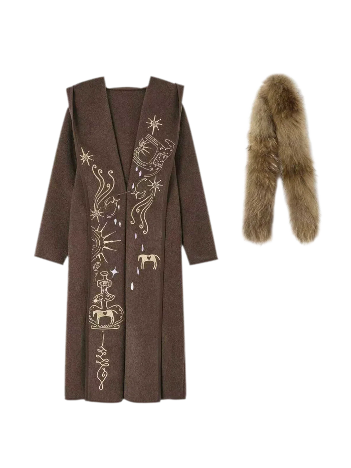 Embroidered Hooded Wool Coat