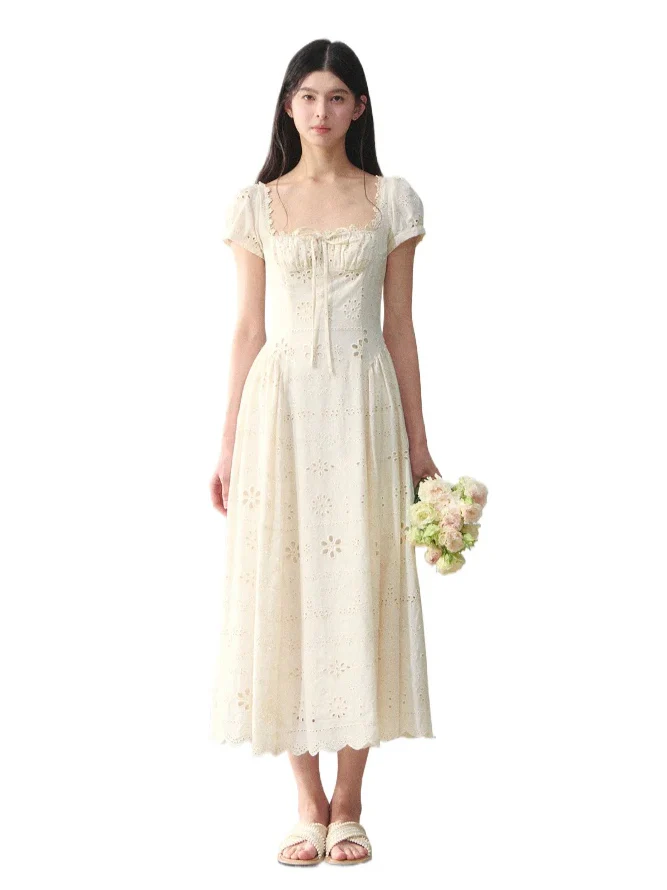 Square-Neck Embroidered Hollow Vacation-style Dress