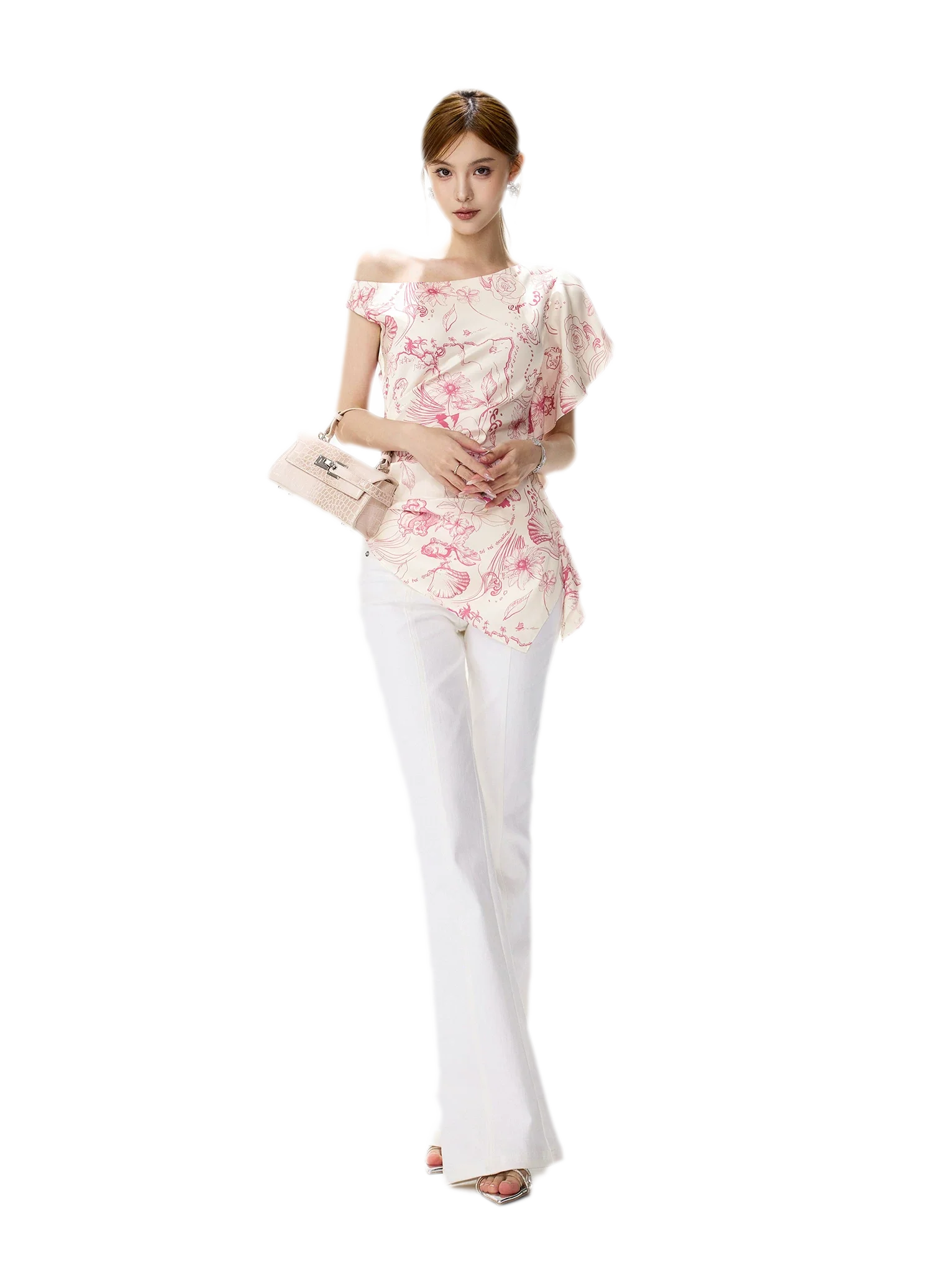 Printed One-Shoulder Ruffle Top