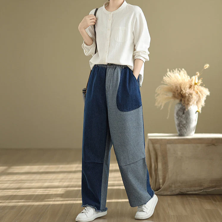 Women Spring Vintage Patchwork Denim Loose Wide-Leg Pants