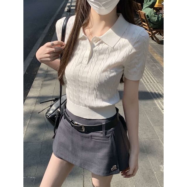 Polo Knit Cable Crop Short-Sleeve Shirt Plain