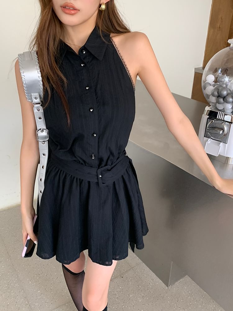 Mini Belted Collared A-Line Dress Sleeveless Striped