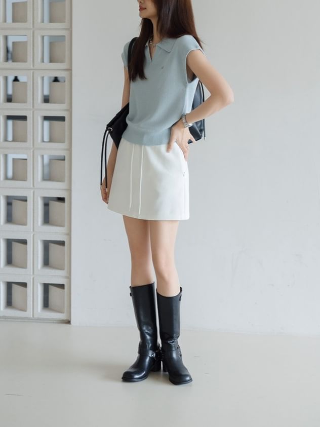 Plain Knit Top Collared Crop V-Neck Cap-Sleeve