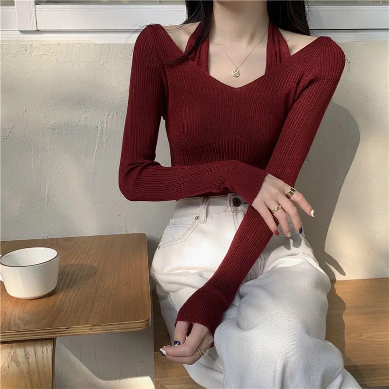 Plain Long-Sleeve Slim Halter Neck Top Fit Knit Mock Two-Piece Ribbed