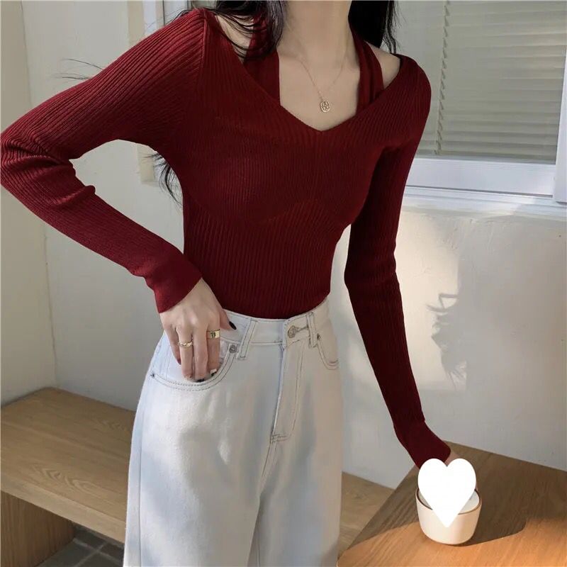 Plain Long-Sleeve Slim Halter Neck Top Fit Knit Mock Two-Piece Ribbed