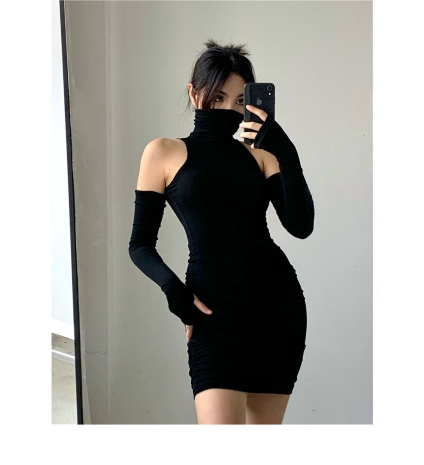 Mini Dress Sleeveless Sleeves With Plain Turtleneck Arm