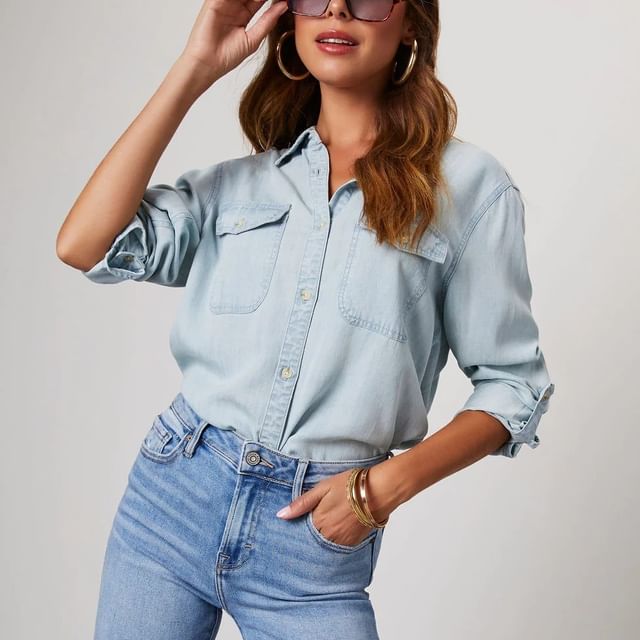 Sleeve Shirt Loose-Fit Long Denim V-Neck