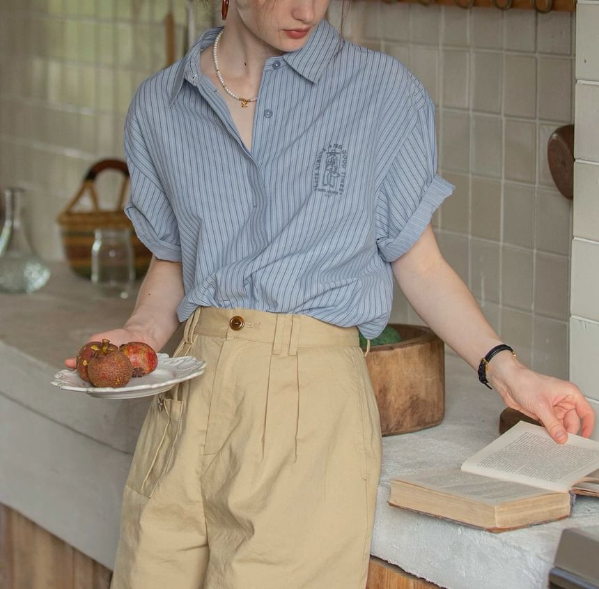 Striped Blouse Embroidered Button-Up Collared Elbow-Sleeve