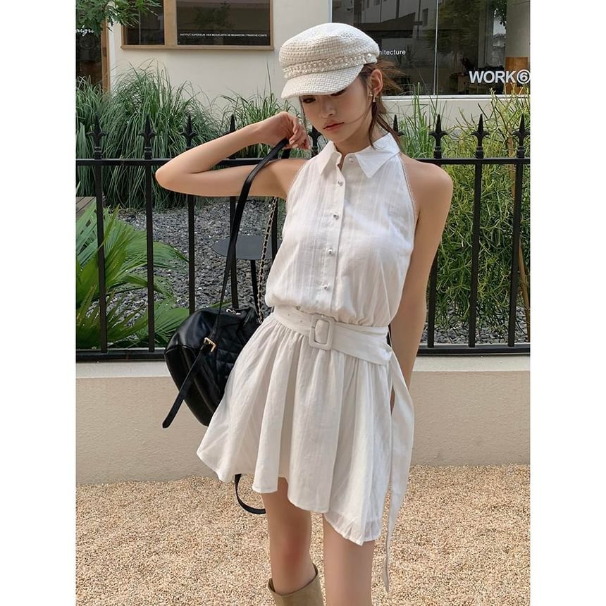 Mini Belted Collared A-Line Dress Sleeveless Striped