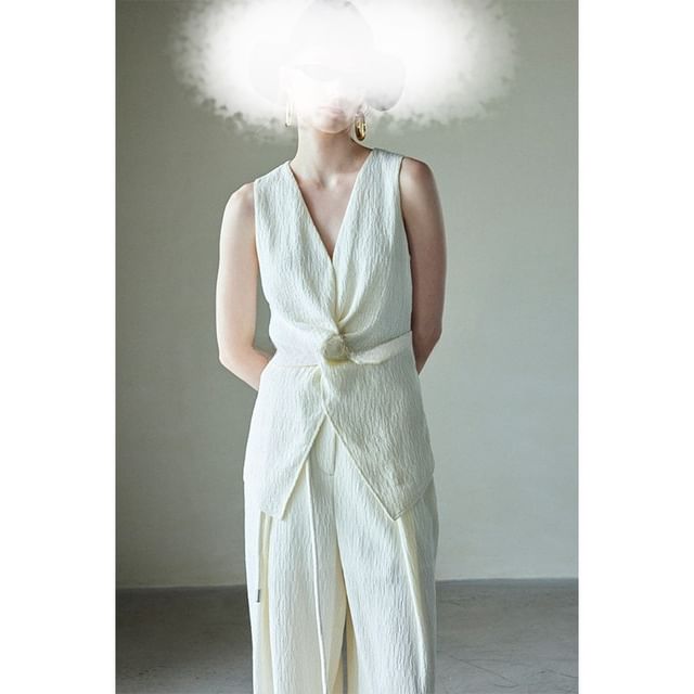 V-Neck Tank Knot Pants Plain Rise / Slit Leg Wide Top High