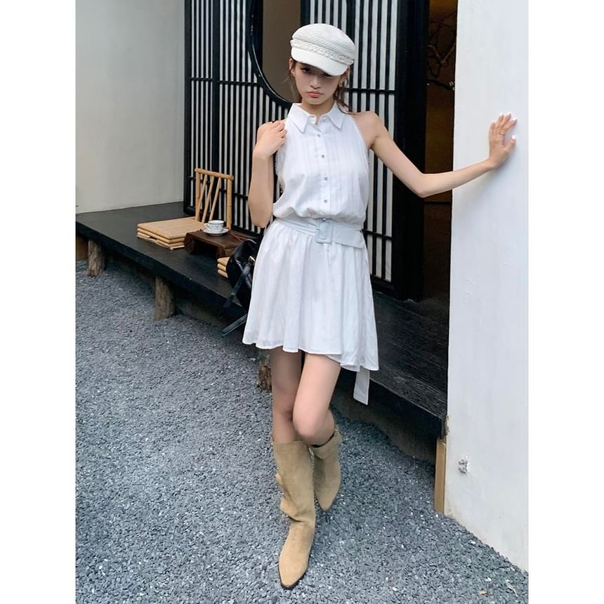 Mini Belted Collared A-Line Dress Sleeveless Striped