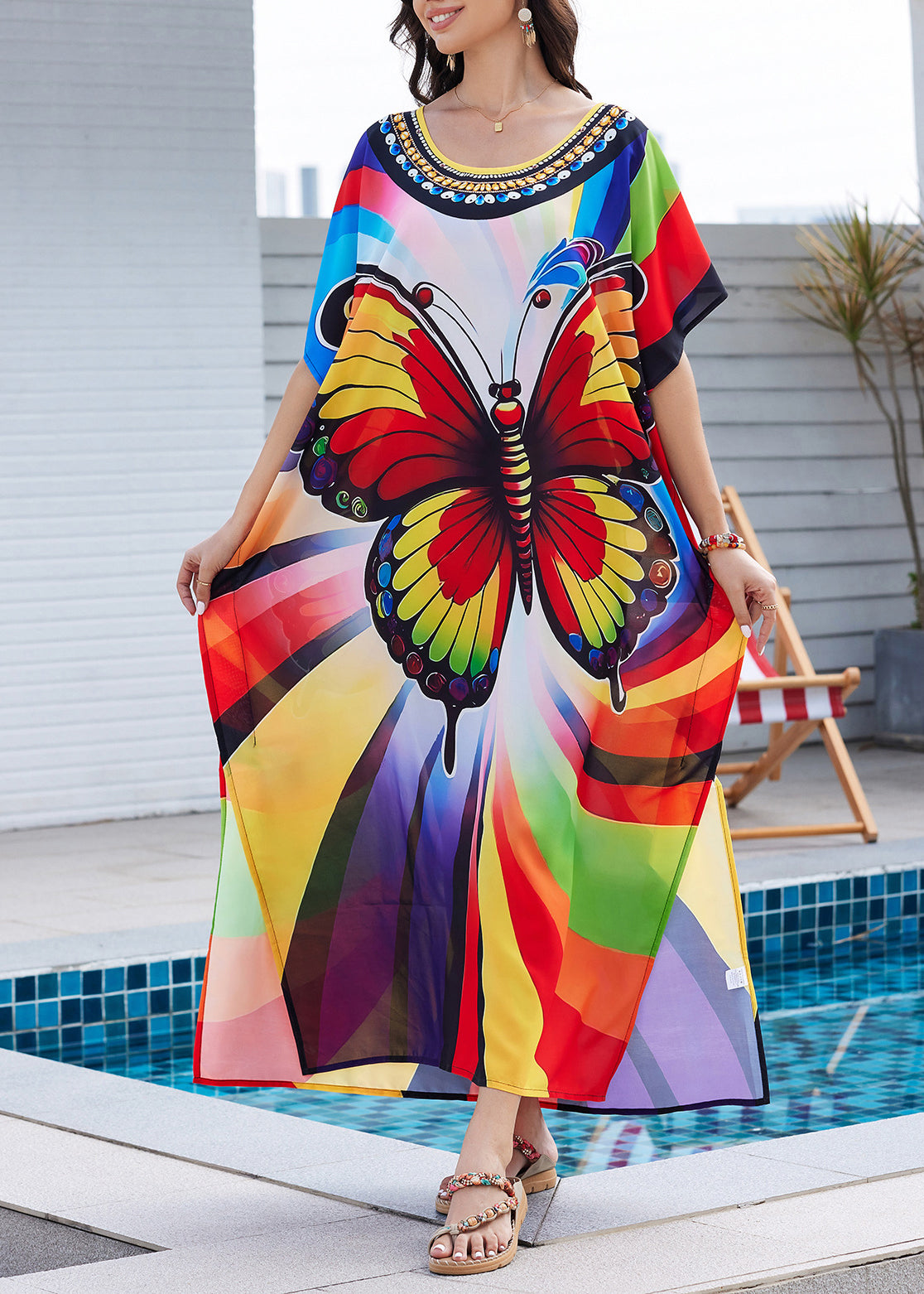 Summer Rainbow Side Fashion Print Maxi Dress Open Butterfly